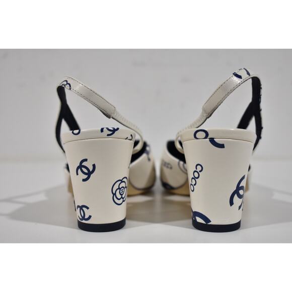 Chanel 23P Mademoiselle Coco Sling White Blue CC Logo Slingback Sandal Heel 40 - Picture 9 of 10